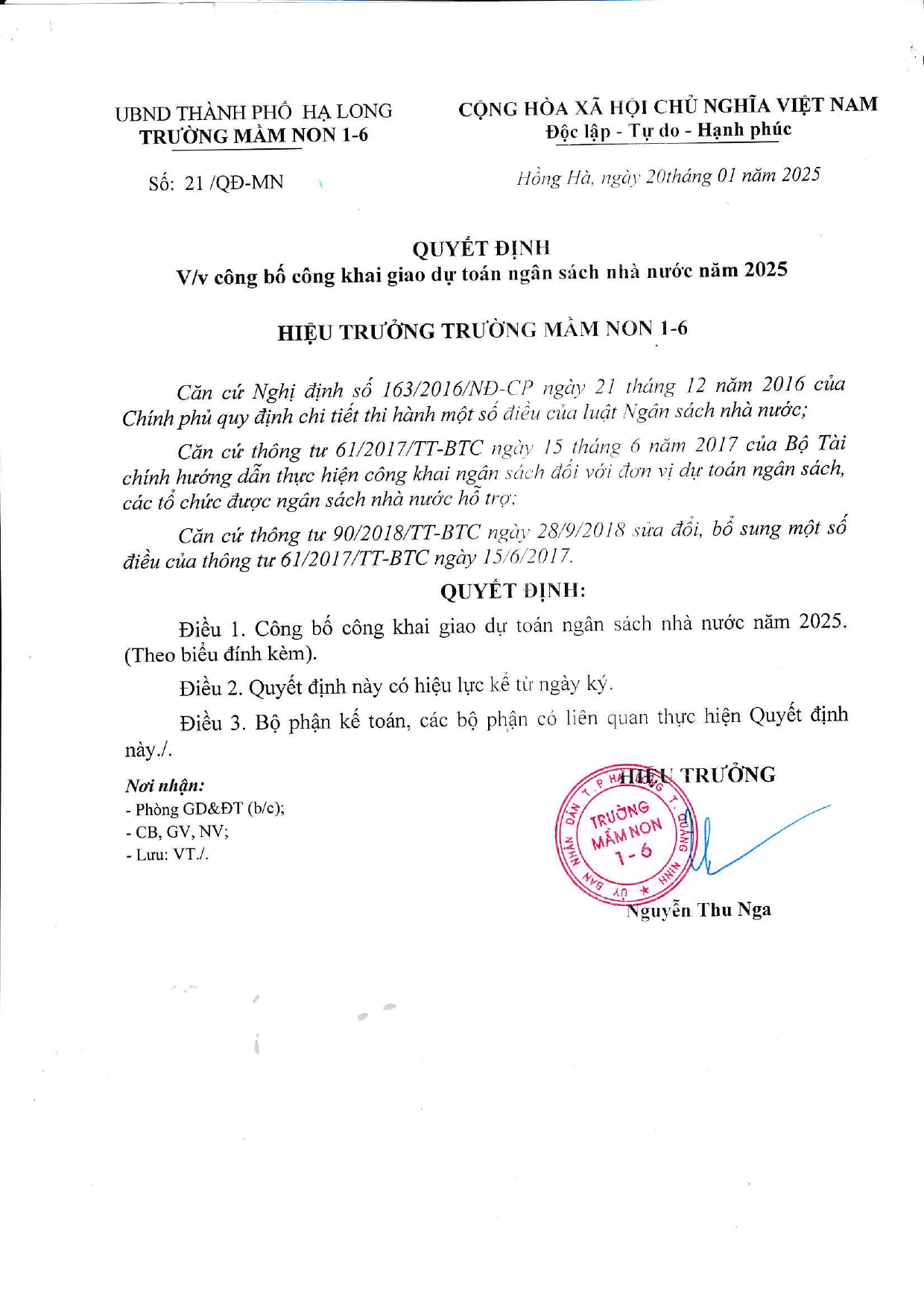 Trường mầm non 1-6 công bố công khai giao dự toán NSNN năm 2025