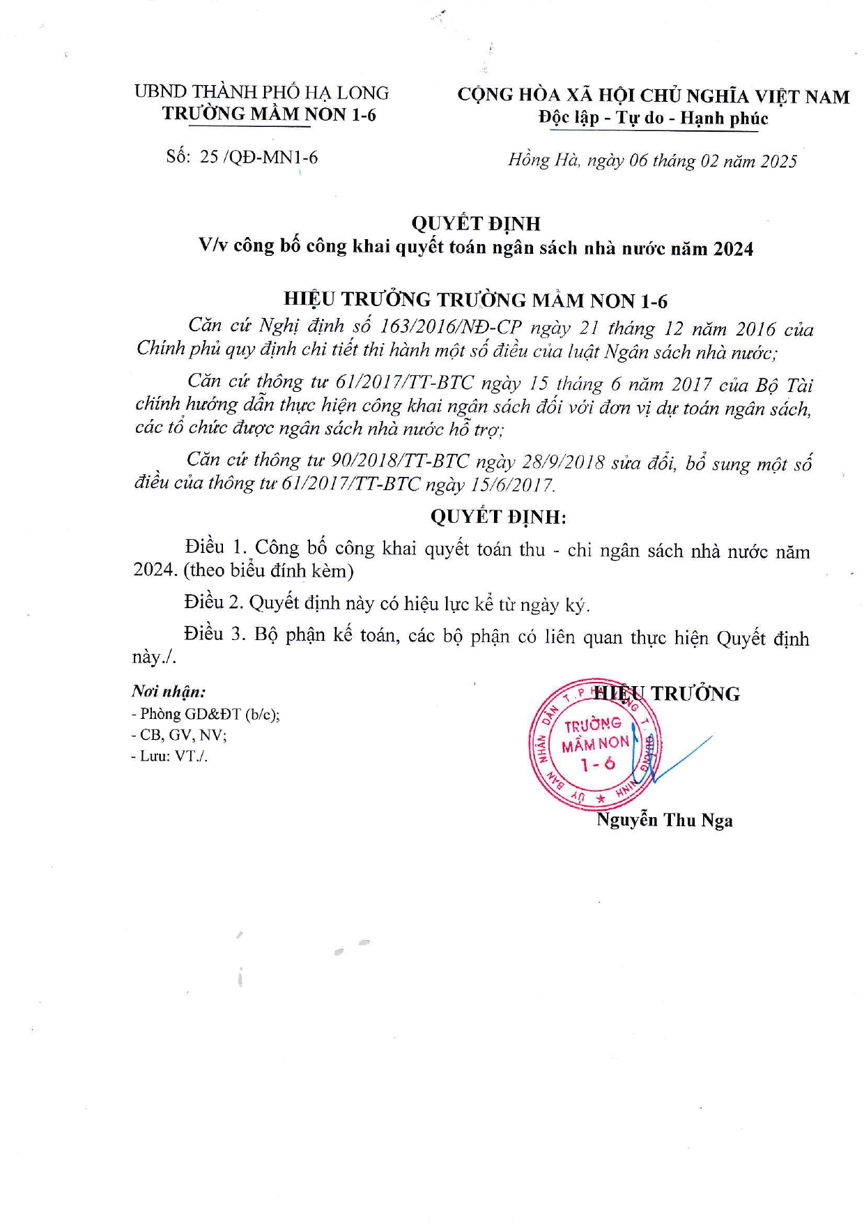 Trường mầm non 1-6 Công bố công khai quyết toán ngân sách nhà nước năm 2024