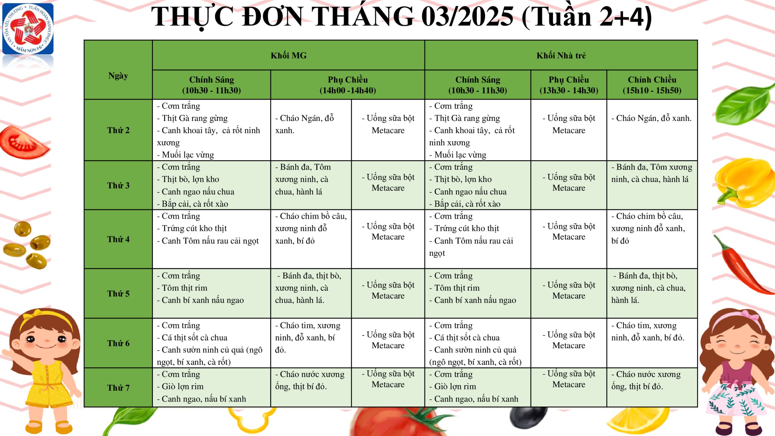 THực đơn tuần chẵn tháng 3/2025