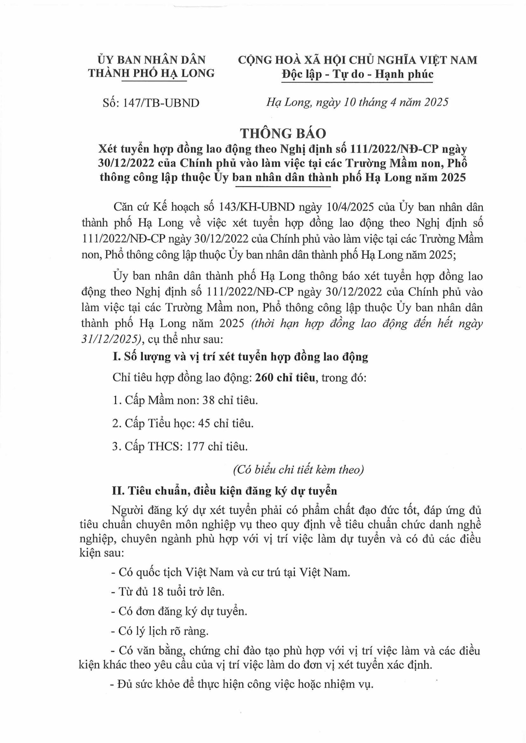 Thông báo tuyển HĐLĐ giáo viên, nhân viên của UBND thành phố Hạ Long