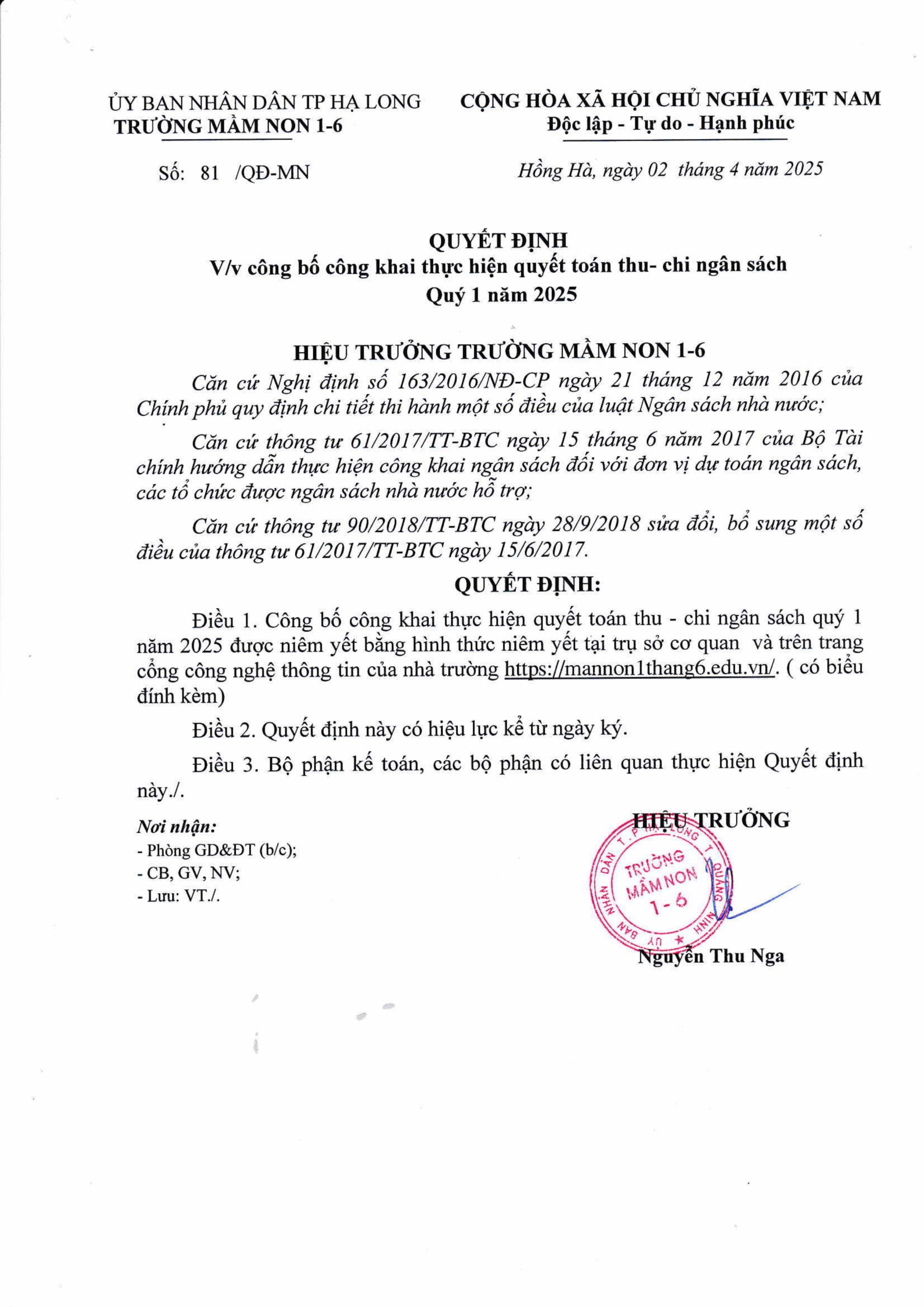 Quyết định công khai thu chi NSNN quý 1 năm 2025