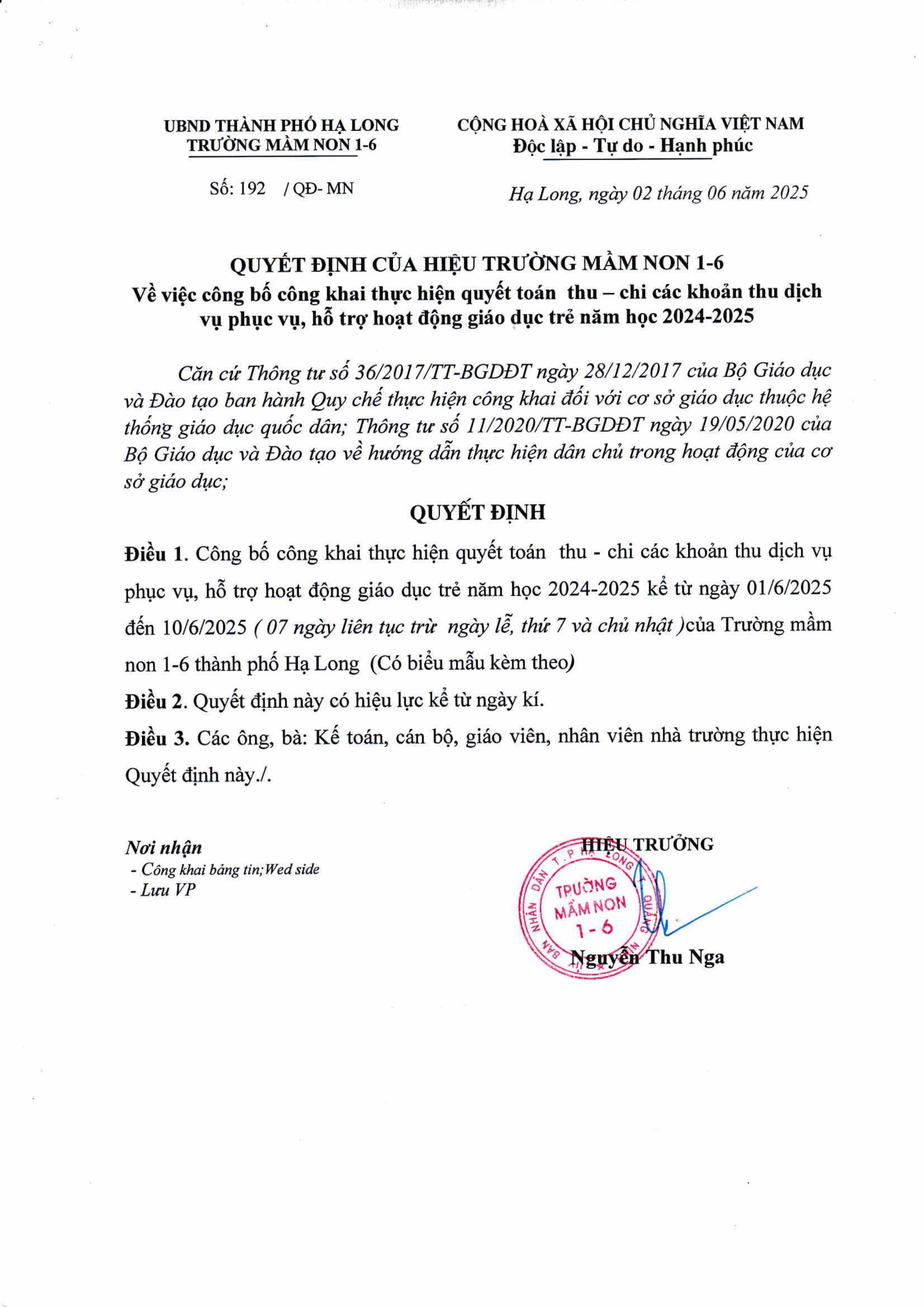 Quyết định công khai thu - chi