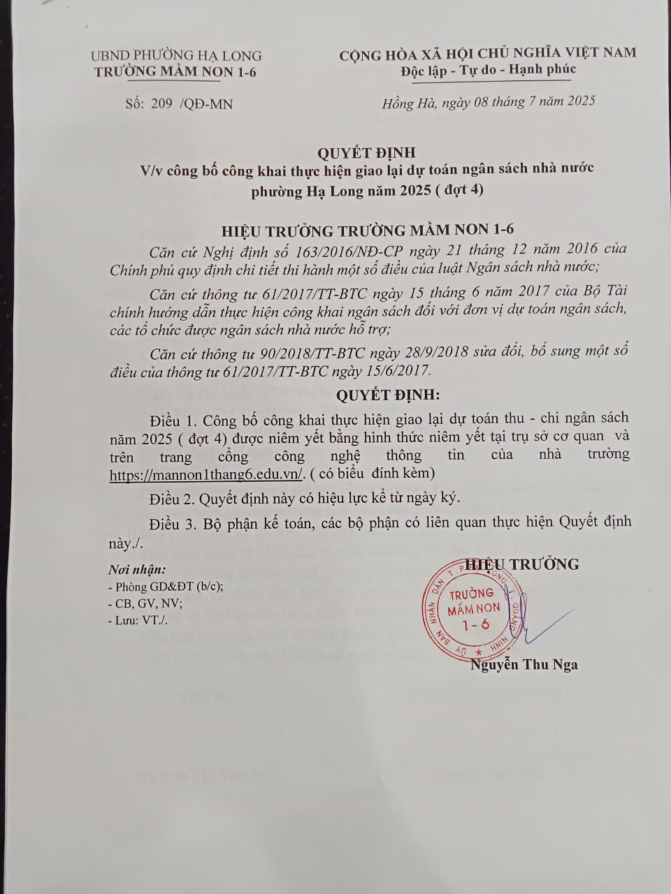 Quyết định công khai dự toán thu - chi NSNN cấp 6 tháng cuối năm 2025